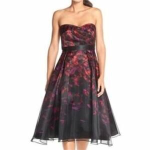 AIDAN MATTOX Strapless Black Floral Print Organza Midi Dress size 4